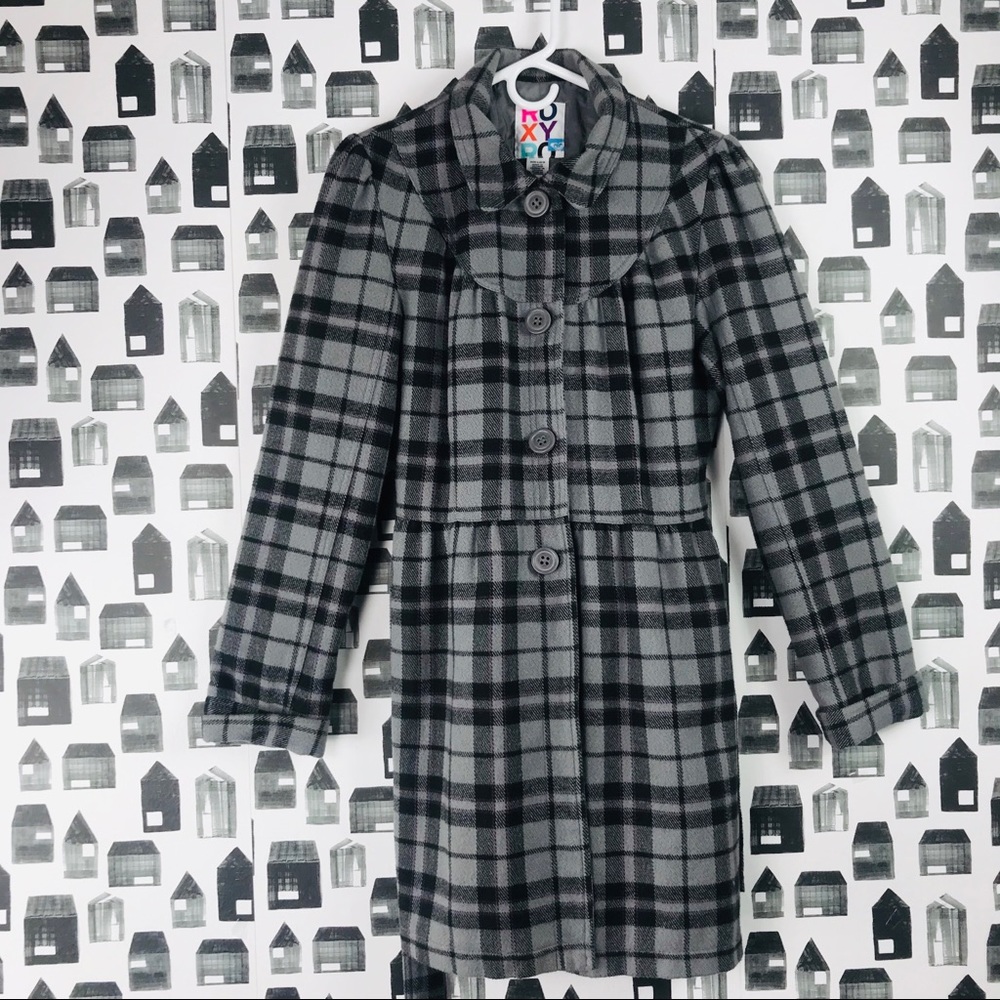 Roxy | Button Up Plaid Pea Coat with Waist Tie